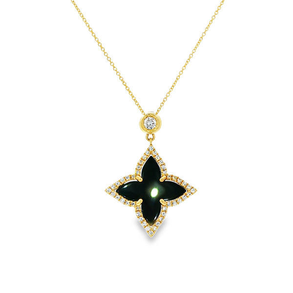 14K Yellow Gold Onyx Inlay & .18 TW Diamond Halo Flower Pendant Necklace Jo & Co. Jewelers Hardy, VA