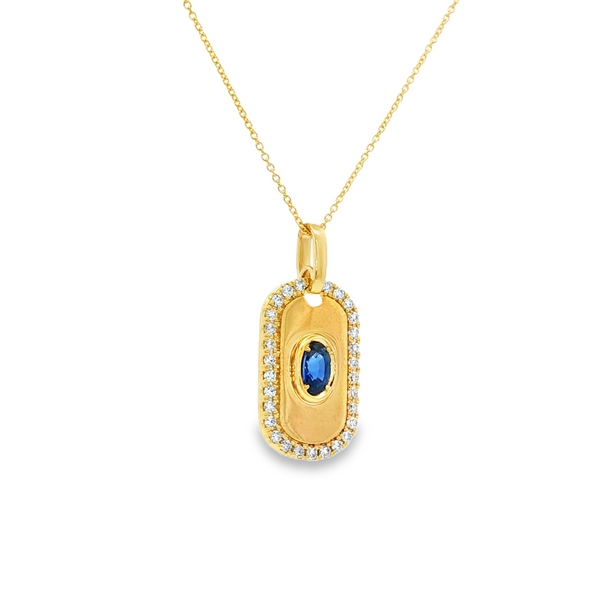 14K Yellow Gold Oval Sapphire & .23 TW Diamond Halo Dog Tag Pendant Necklace Image 2 Jo & Co. Jewelers Hardy, VA