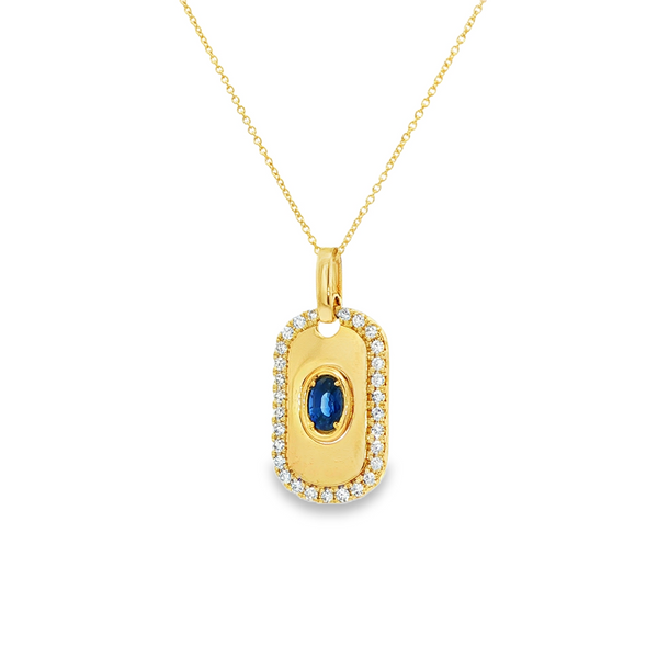 14K Yellow Gold Oval Sapphire & .23 TW Diamond Halo Dog Tag Pendant Necklace Image 4 Jo & Co. Jewelers Hardy, VA