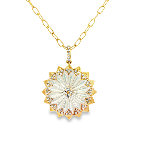 18K Yellow Gold Quartz Mother-of-Pearl Sunburst Diamond Pendant .35Tw Jo & Co. Jewelers Hardy, VA