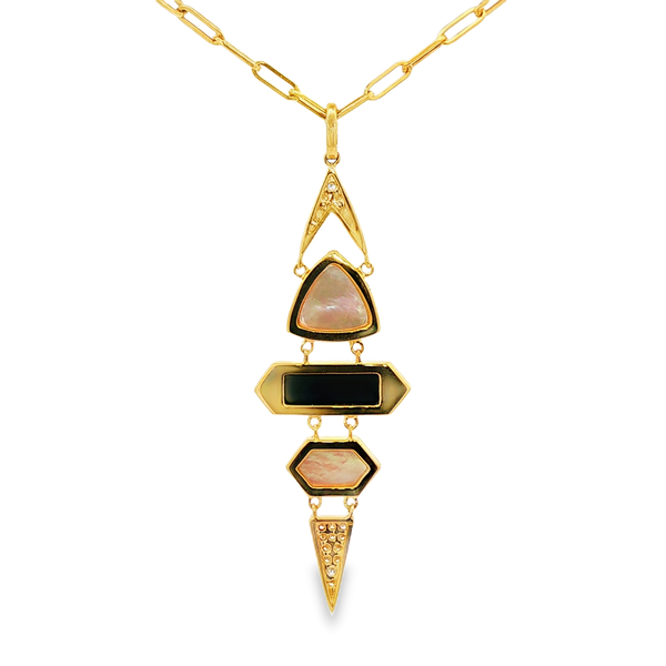 18K Yellow Gold Onyx & Mother-of-Pearl Diamond Geometric Drop Pendant Image 3 Jo & Co. Jewelers Hardy, VA