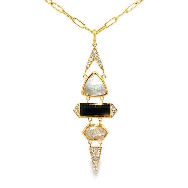 18K Yellow Gold Onyx & Mother-of-Pearl Diamond Geometric Drop Pendant Jo & Co. Jewelers Hardy, VA