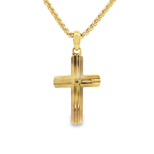 Gold-Plated Steel Grooved Cross Pendant Necklace With Black CZ 22 Inch Jo & Co. Jewelers Hardy, VA