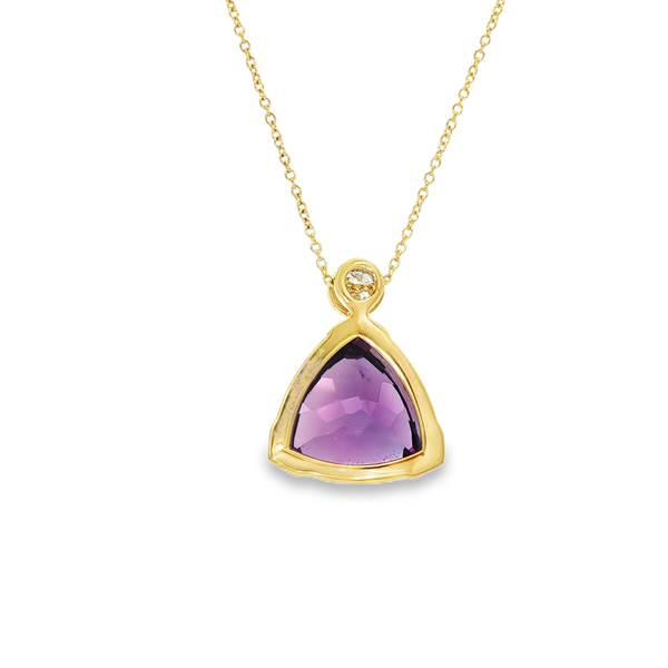 14K Yellow Gold Trillion Amethyst & Bezel Diamond Pendant Necklace Image 3 Jo & Co. Jewelers Hardy, VA