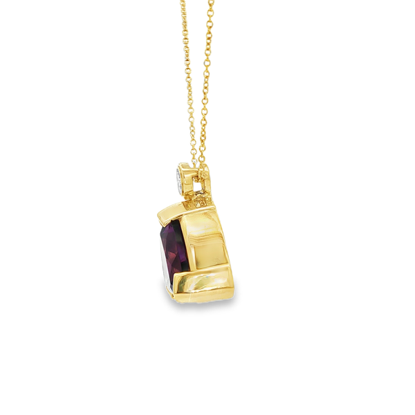 14K Yellow Gold Trillion Amethyst & Bezel Diamond Pendant Necklace Image 4 Jo & Co. Jewelers Hardy, VA