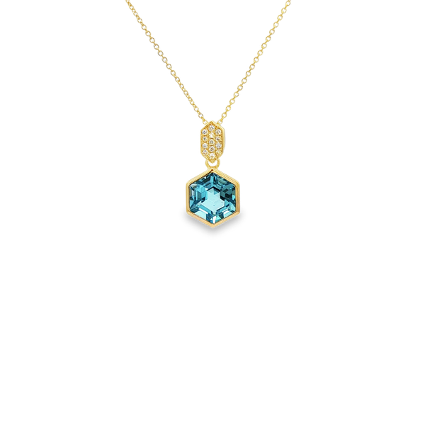 14K Yellow Gold Bezel-Set Hexagon Blue Topaz & .04 CTW Diamond Drop Pendant Necklace Jo & Co. Jewelers Hardy, VA
