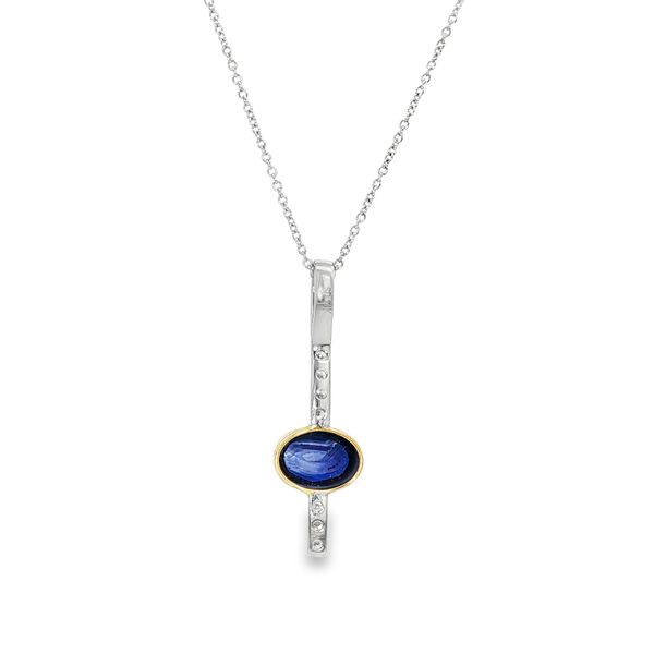 14K White & Yellow Gold Oval Sapphire & Diamond Vertical Bar Pendant Image 3 Jo & Co. Jewelers Hardy, VA