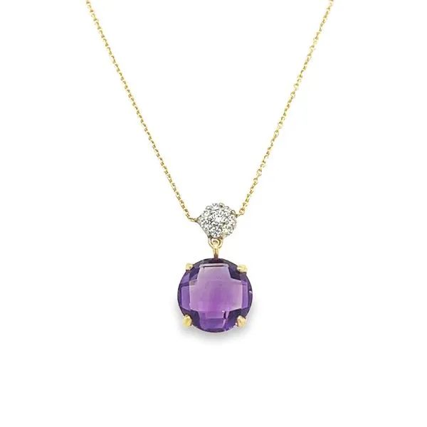 14K Two Toned Gold Round Checkerboard Amethyst Round Diamond Cluster Drop Necklace Jo & Co. Jewelers Hardy, VA