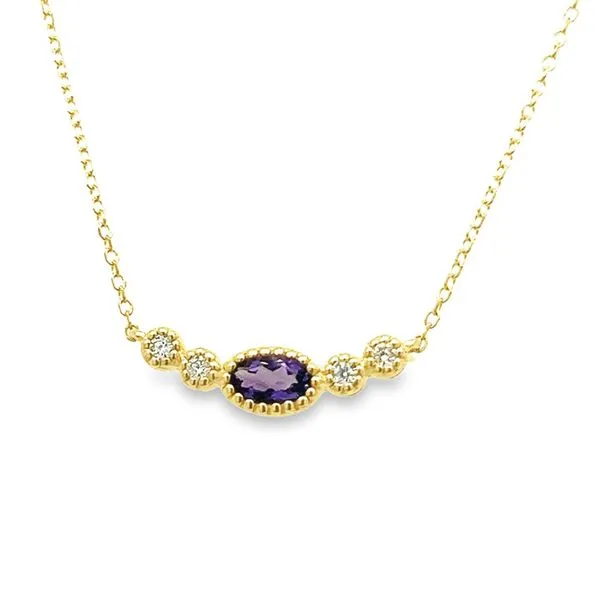14K Yellow Gold Oval Amethyst and Diamond Curved Bar Necklace Jo & Co. Jewelers Hardy, VA