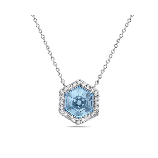14K White Gold Hexagon Blue Topaz and Diamond Cable Necklace Jo & Co. Jewelers Hardy, VA