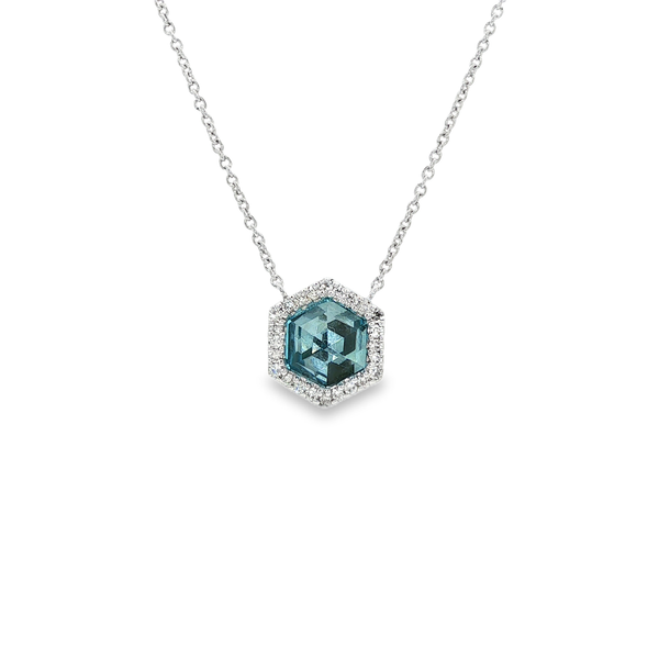 14K White Gold Hexagon Blue Topaz Diamond Cable Necklace Jo & Co. Jewelers Hardy, VA