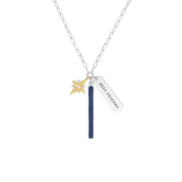Sterling Silver Paperclip Necklace with Yellow Plated Star and Navy Blue Enamel Bar and Best Friend Tag Jo & Co. Jewelers Hardy, VA