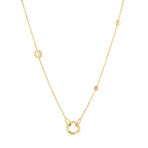 Sterling Silver 14K Yellow Plated Rose Quartz and Cubic Zirconium Charm Connector Necklace Jo & Co. Jewelers Hardy, VA