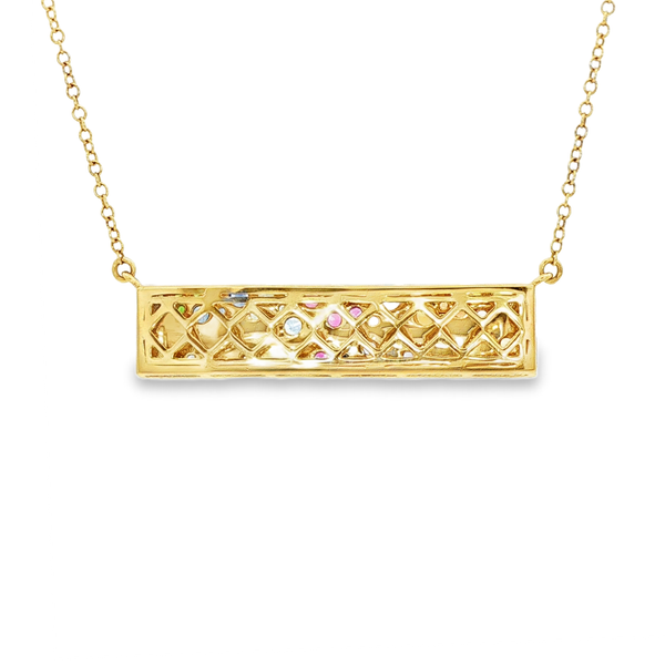 14K Yellow Gold Rainbow Sapphire & Tsavorite Garnet Satin Bar Necklace Image 3 Jo & Co. Jewelers Hardy, VA