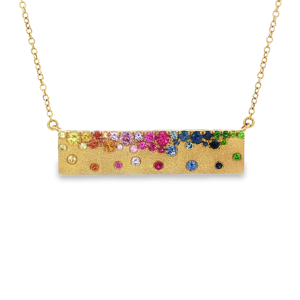 14K Yellow Gold Rainbow Sapphire & Tsavorite Garnet Satin Bar Necklace Jo & Co. Jewelers Hardy, VA