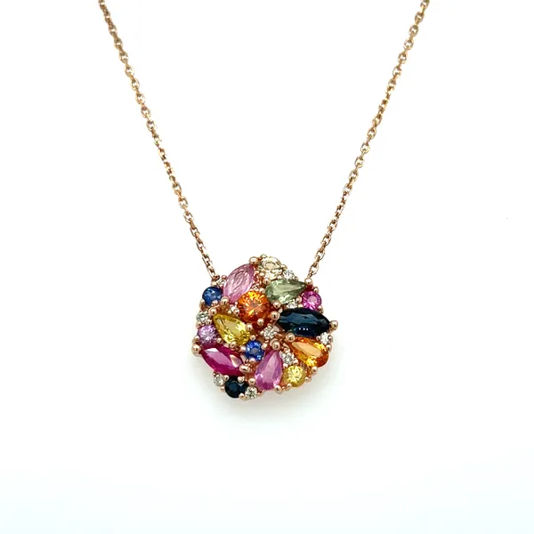 14K Rose Gold Cluster Muiti Shape and Color Disc Necklace with Round Diamonds Jo & Co. Jewelers Hardy, VA