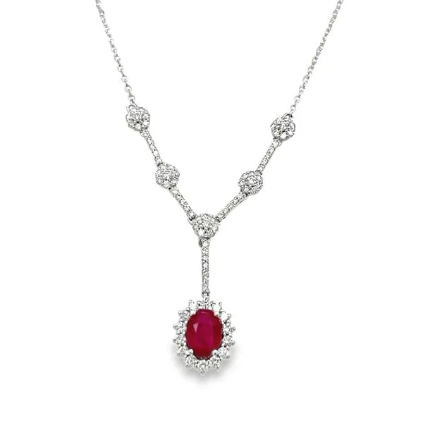 14K White Gold Oval Ruby and Cluster Diamond Halo Necklace Jo & Co. Jewelers Hardy, VA