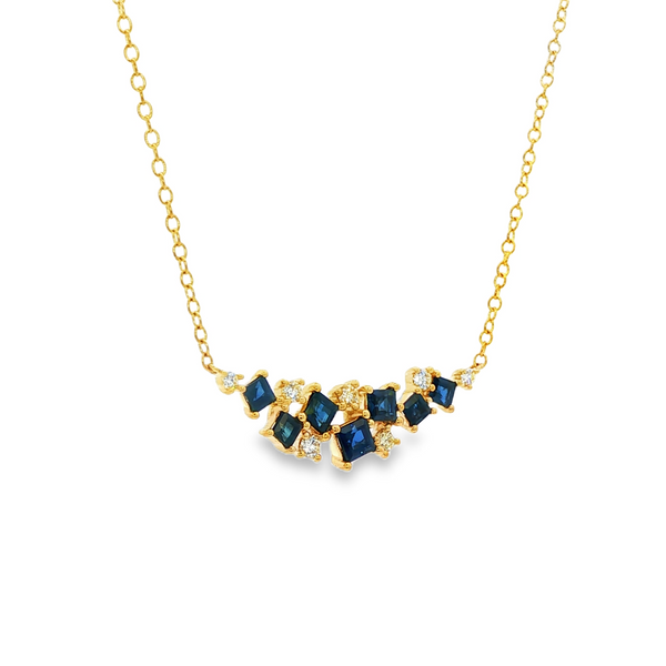 14K Yellow Gold Princess Sapphire & .20 TW Diamond Curved Bar Cluster Necklace Image 2 Jo & Co. Jewelers Hardy, VA