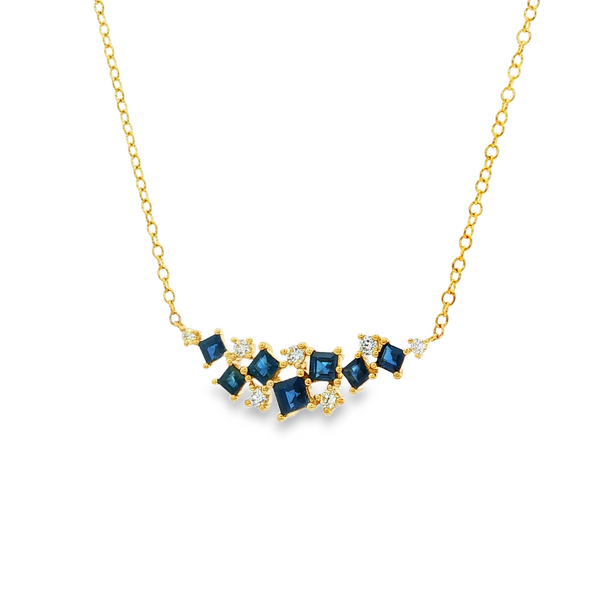 14K Yellow Gold Princess Sapphire & .20 TW Diamond Curved Bar Cluster Necklace Image 4 Jo & Co. Jewelers Hardy, VA