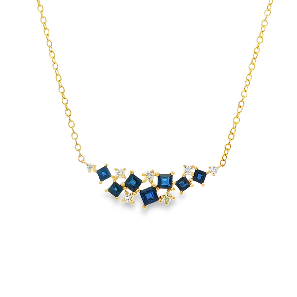 14K Yellow Gold Princess Sapphire & .20 TW Diamond Curved Bar Cluster Necklace Jo & Co. Jewelers Hardy, VA