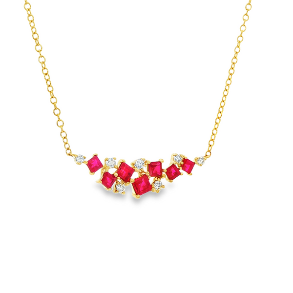14K Yellow Gold Princess Ruby & .21 TW Diamond Curved Bar Cluster Necklace Image 2 Jo & Co. Jewelers Hardy, VA