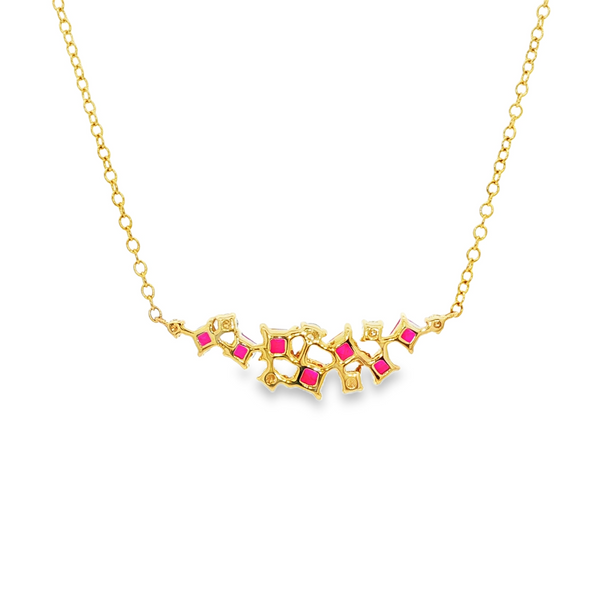 14K Yellow Gold Princess Ruby & .21 TW Diamond Curved Bar Cluster Necklace Image 3 Jo & Co. Jewelers Hardy, VA