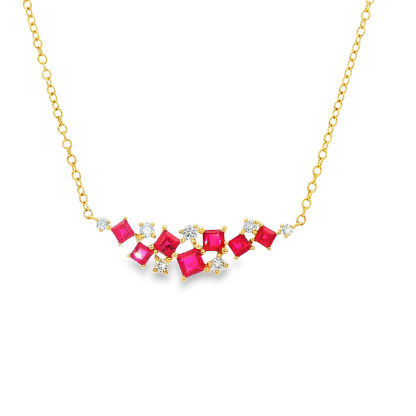 14K Yellow Gold Princess Ruby & .21 TW Diamond Curved Bar Cluster Necklace Jo & Co. Jewelers Hardy, VA