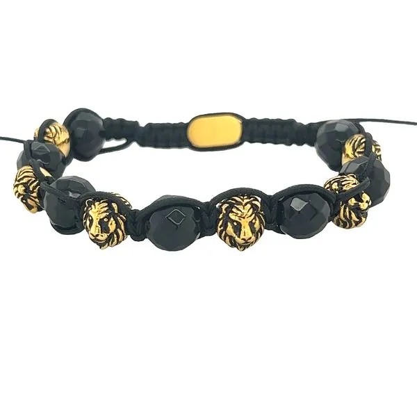 Men's 18K Plated Stainless Steel Black Agate and Lion's Bead Macrame Bracelet Jo & Co. Jewelers Hardy, VA