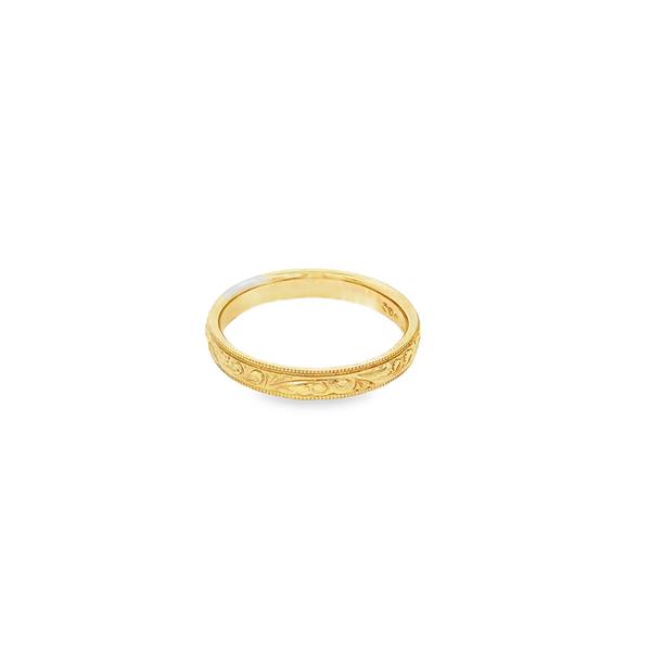 14K Yellow Gold 3mm Comfort-Fit Engraved Milgrain Edge Band Image 4 Jo & Co. Jewelers Hardy, VA