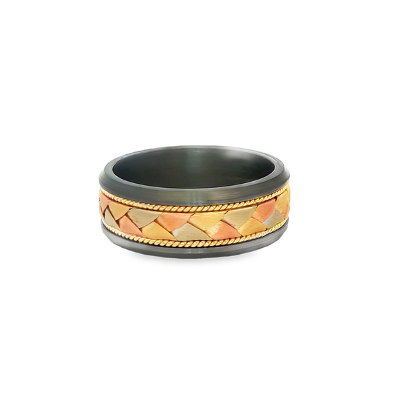 Tantalum & 14K Tri-Tone Gold Braided Inlay Band 8.5mm Comfort Fit Image 3 Jo & Co. Jewelers Hardy, VA
