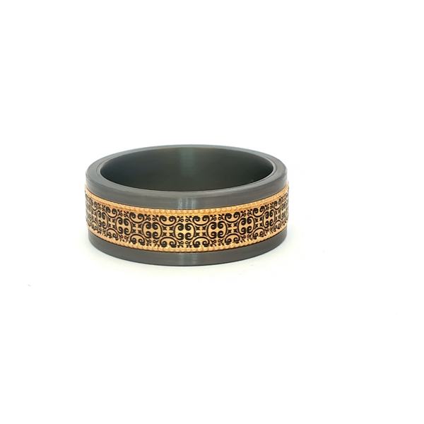 Tantalum & 14K Yellow Gold Baroque Engraved Inlay Band 8.5mm Comfort Fit Image 4 Jo & Co. Jewelers Hardy, VA