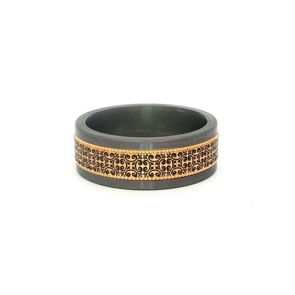 Tantalum & 14K Yellow Gold Baroque Engraved Inlay Band 8.5mm Comfort Fit Jo & Co. Jewelers Hardy, VA