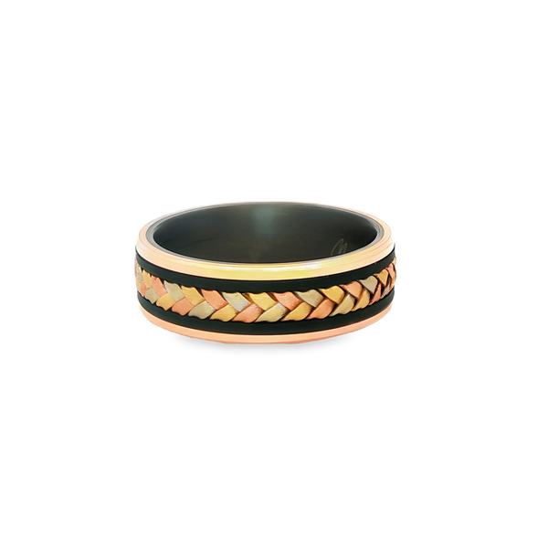 Tantalum, Carbon Fiber & 14K Tri-Tone Gold Braided Inlay Band 7mm Comfort Fit Image 4 Jo & Co. Jewelers Hardy, VA