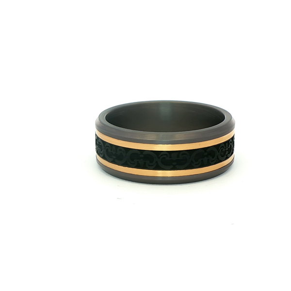 Tantalum, Carbon Fiber & 14K Yellow Gold Baroque Inlay Band 8.5mm Comfort Fit Image 2 Jo & Co. Jewelers Hardy, VA