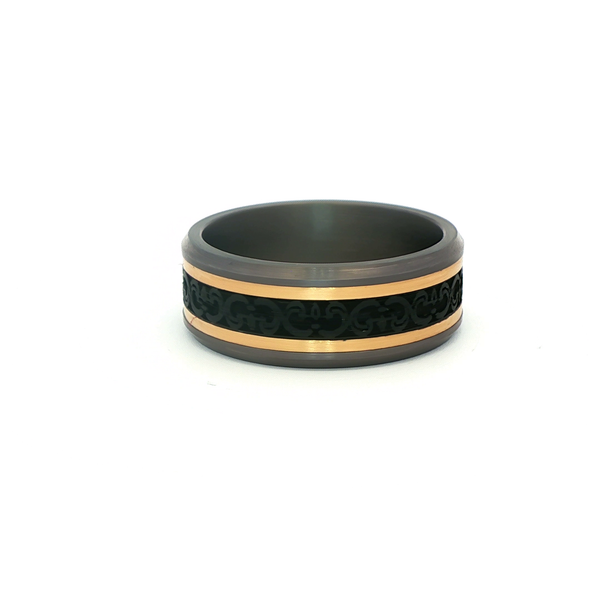 Tantalum, Carbon Fiber & 14K Yellow Gold Baroque Inlay Band 8.5mm Comfort Fit Image 3 Jo & Co. Jewelers Hardy, VA