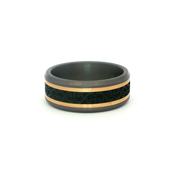 Tantalum, Carbon Fiber & 14K Yellow Gold Baroque Inlay Band 8.5mm Comfort Fit Image 4 Jo & Co. Jewelers Hardy, VA