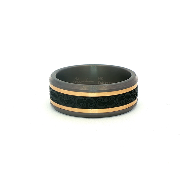 Tantalum, Carbon Fiber & 14K Yellow Gold Baroque Inlay Band 8.5mm Comfort Fit Jo & Co. Jewelers Hardy, VA