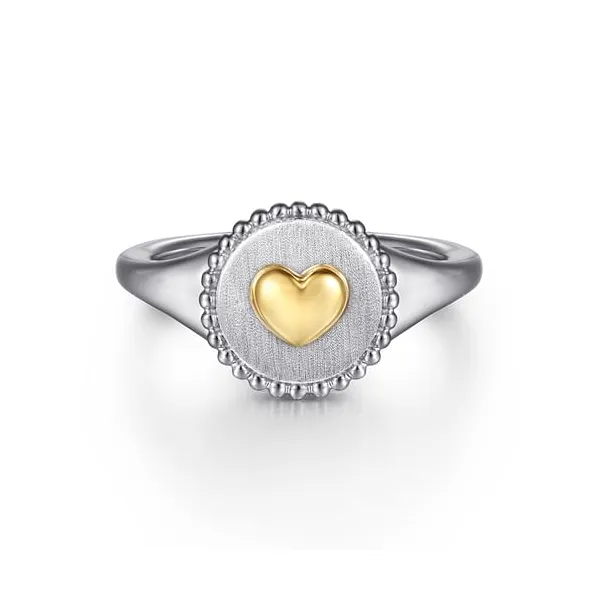 Gabriel Sterling & 14K Yellow Gold Satin & Polished Beaded Bujukan Heart Round Signet Ring Jo & Co. Jewelers Hardy, VA