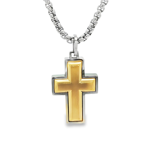Two-Tone Steel Matte-Center Raised Cross Pendant Necklace 22 Inch Jo & Co. Jewelers Hardy, VA