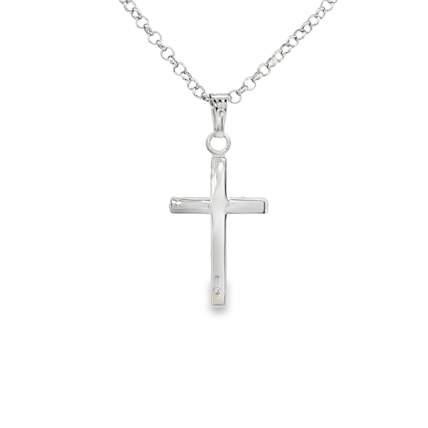 Sterling Silver Diamond-Cut Florentine Flat Cross Pendant Necklace Image 3 Jo & Co. Jewelers Hardy, VA