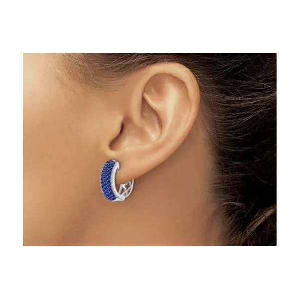 14 Karat White Gold Blue Sapphire & Diamond Hoop Huggie Style Earrings Image 3 John Michael Matthews Fine Jewelry Vero Beach, FL