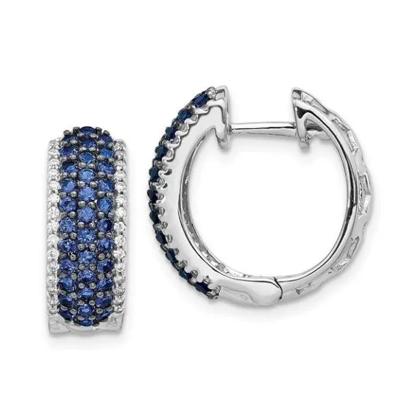 14 Karat White Gold Blue Sapphire & Diamond Hoop Huggie Style Earrings John Michael Matthews Fine Jewelry Vero Beach, FL