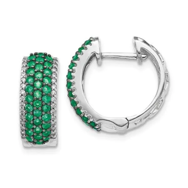 14 Karat White Gold Emerald & Diamond Hoop Huggie Style Earrings John Michael Matthews Fine Jewelry Vero Beach, FL