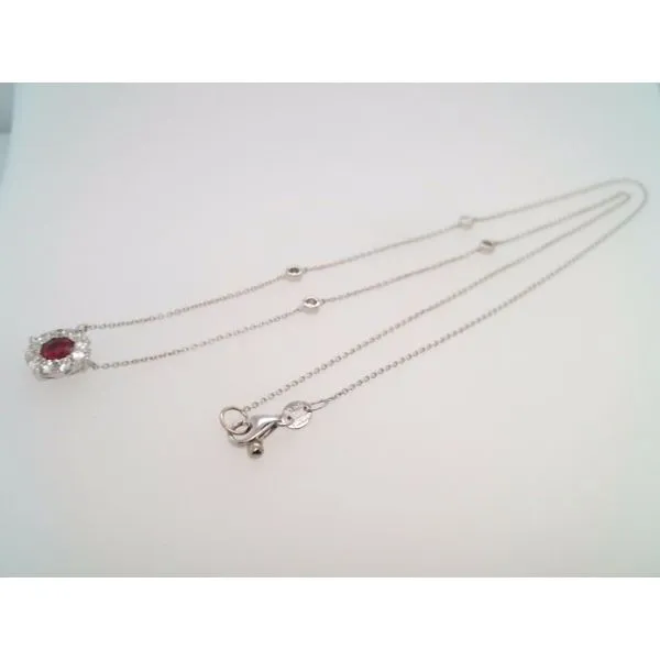14 Karat White Gold Ruby Necklace With Diamond Halo & Bezel Set Diamond Stations Set In The Chain 17