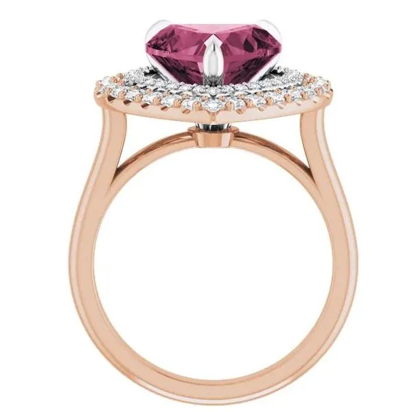 14 Karat Rose & White Gold Heart Shaped Pink Tourmaline Ring With Double Diamond Halo Image 2 John Michael Matthews Fine Jewelry Vero Beach, FL