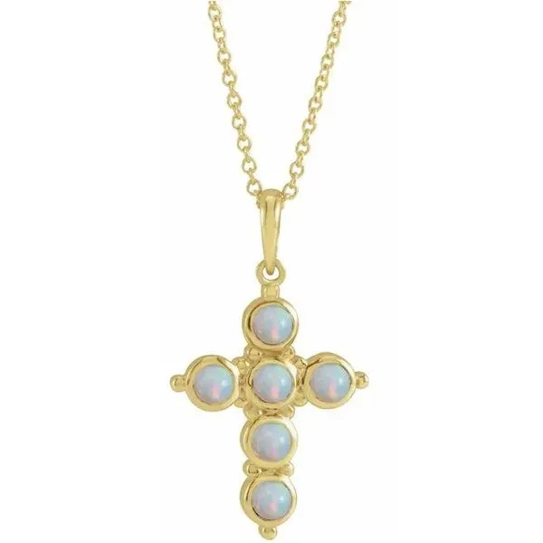 14 Karat Yellow Gold Ethiopian Opal Cross Necklace 16-18