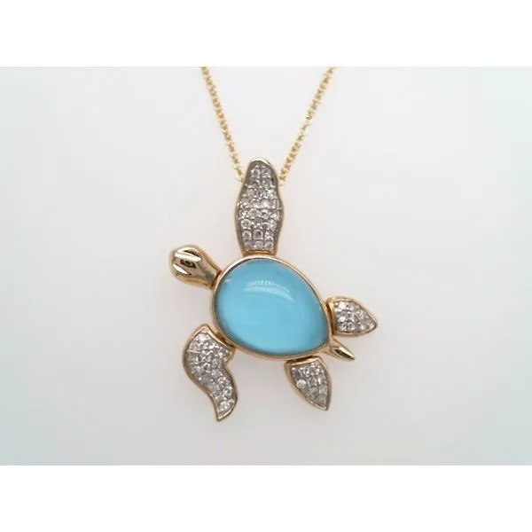 14 Karat Yellow Gold Sea Turtle Turquoise, Rock Crystal & Diamond Necklace 18