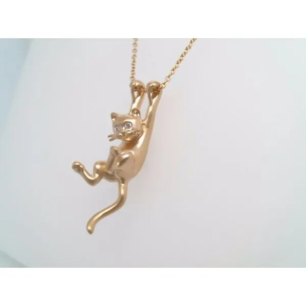 14 Karat Yellow Gold Hanging Cat Necklace With Diamond Eyes, Brushed Gold Finish 16-18