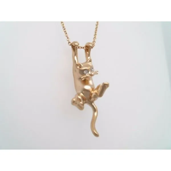 14 Karat Yellow Gold Hanging Cat Necklace With Diamond Eyes, Brushed Gold Finish 16-18