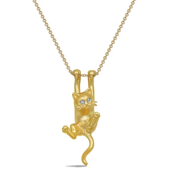 14 Karat Yellow Gold Hanging Cat Necklace With Diamond Eyes, Brushed Gold Finish 16-18